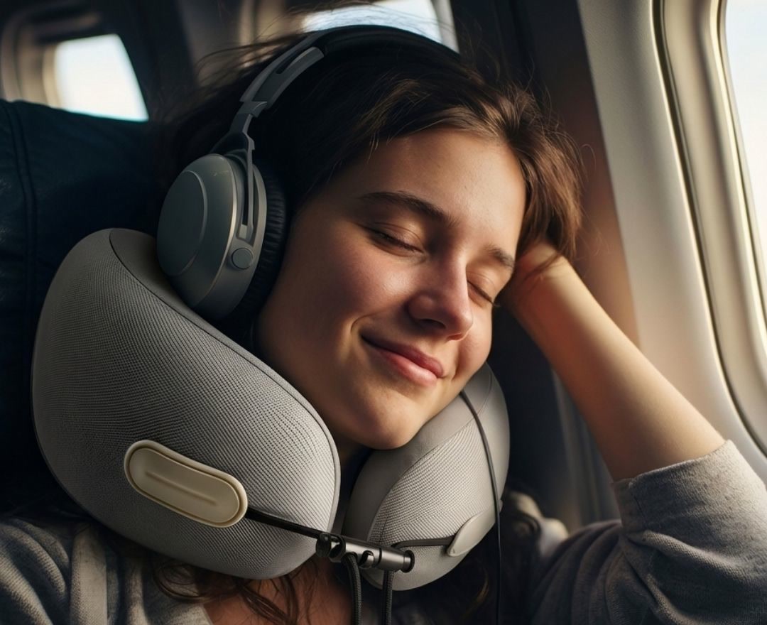 Voyageuse endormie en cabine avec son oreiller Ploomy